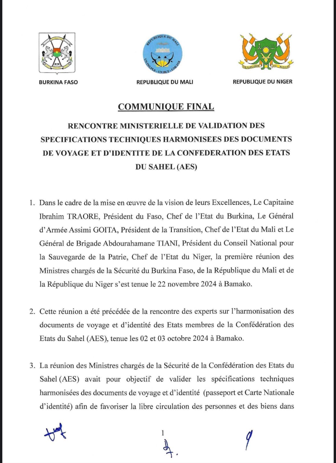  COMMUNIQUE FINAL - Rencontre ministérielle de validation des spécifications techniques harmonisées des documents de voyage et d’identité de la Confédération des Etats du Sahel (AES)