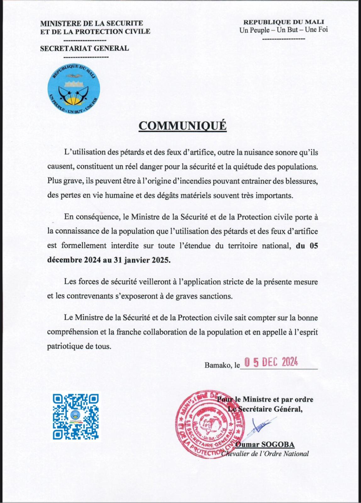  Communiqué du Ministère de la Sécurité et de la Protection Civile